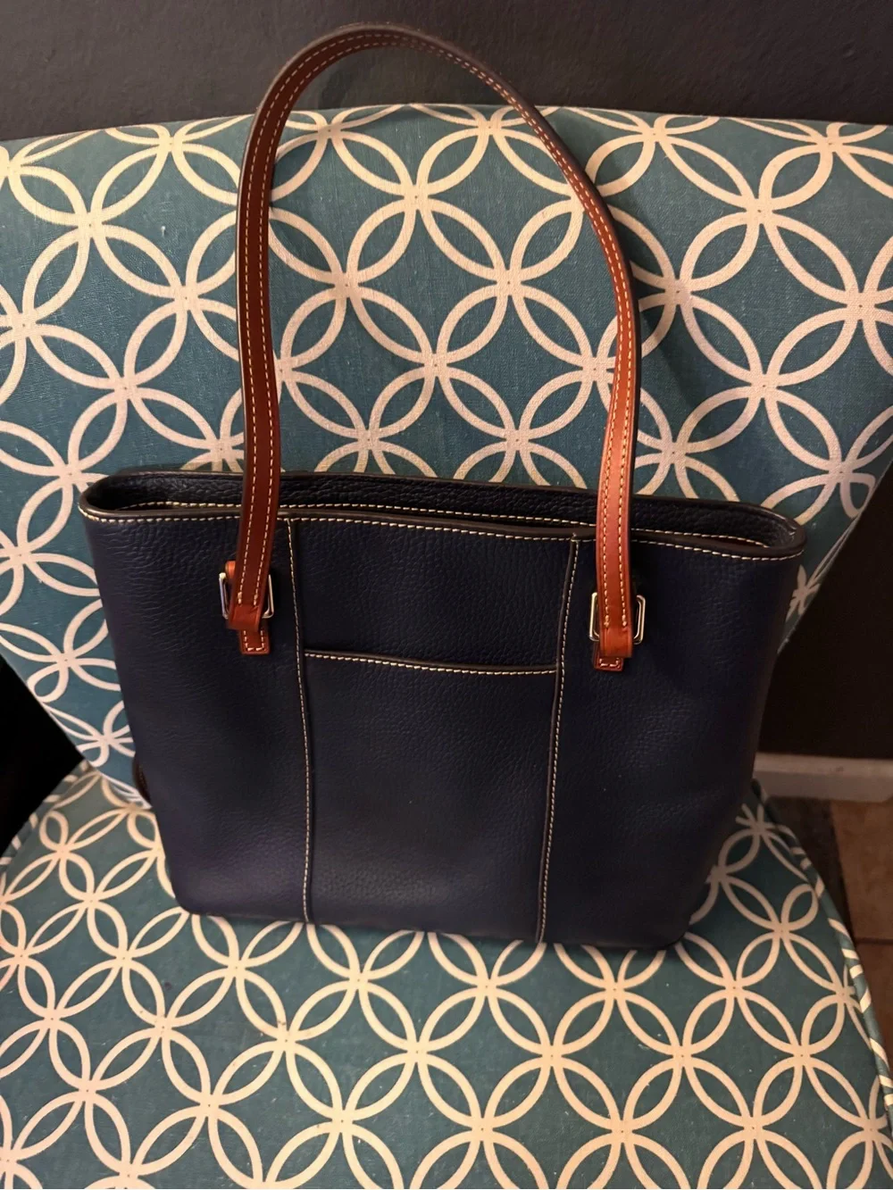 Women’s Navy Leather Tote with Brown Straps